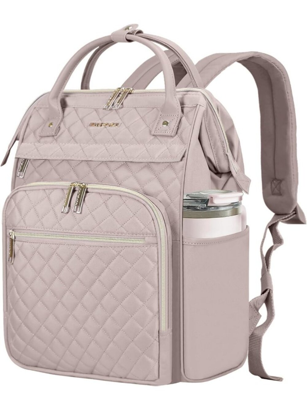Stylish 17" Laptop Backpack for Women with Tumbler Holder - Grey & Pink Design